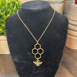 Bee honeycomb long pendent necklace gold tone